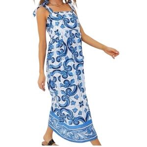 NWT Tuckernuck Majolica Tile Tie Shoulder Caftan Maxi Dress‎ Sz Small Resortwear